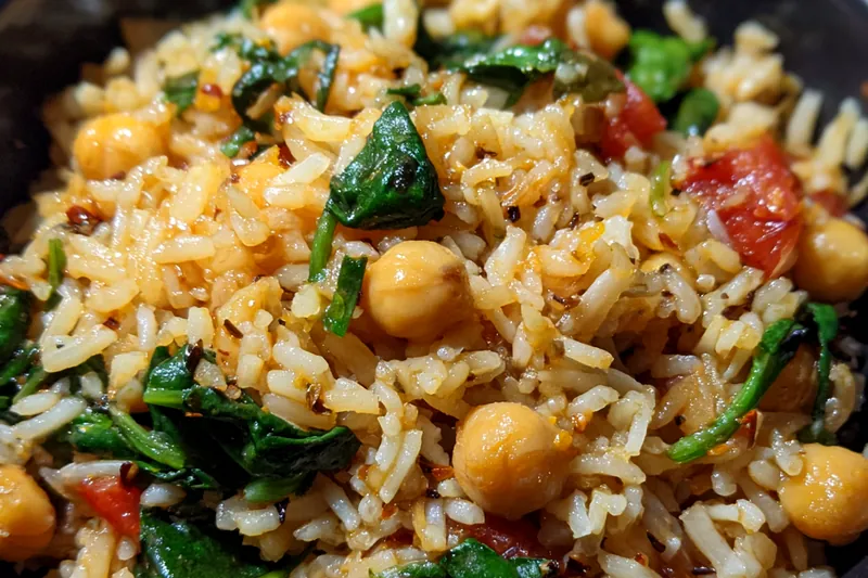 Fresh ingredients for Chickpea Spinach Rice Delight