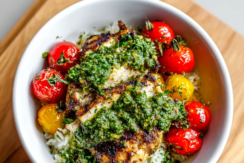 Grilled chimichurri-marinated chicken on a grill pan showing perfect char marks, with vibrant green sauce being drizzled over top