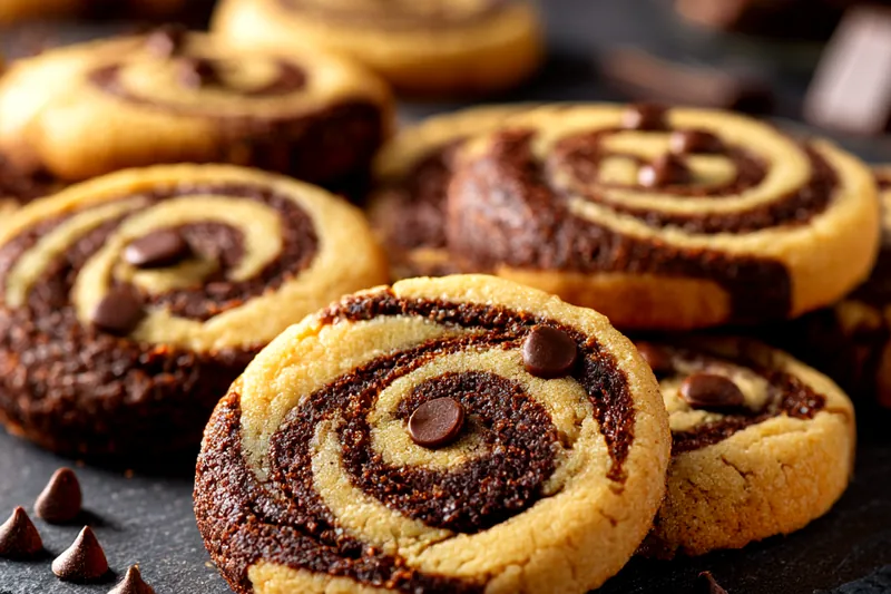 Process shot showing hands slicing a chilled cookie-brownie dough log into rounds with visible spiral pattern, placed on parchment-lined baking sheet