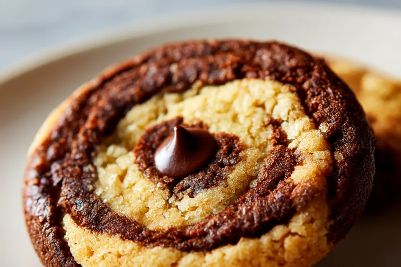 Flat lay of Brookie cookie ingredients including bowls of flour, sugars, butter, eggs, chocolate chips, cocoa powder, and cream arranged on white marble surface with measuring utensils