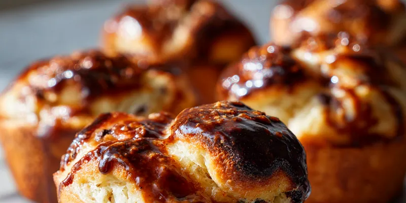Freshly baked chocolate chip vanilla brioches with a golden crust, chocolate chips glistening.