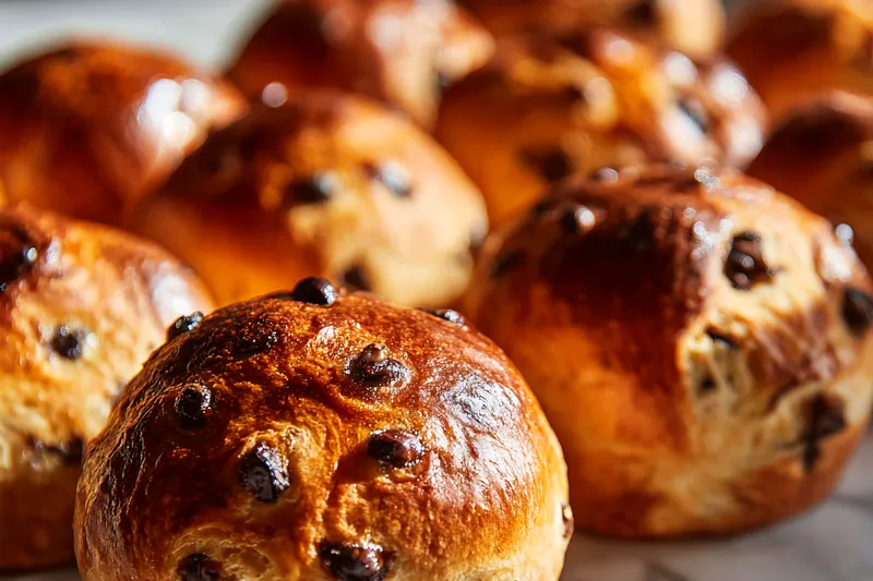 Ingredients for chocolate chip vanilla brioches laid out: flour, sugar, butter, chocolate chips, and more.