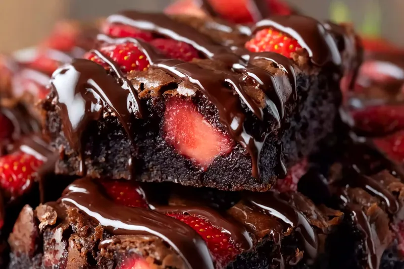 Chocolate ganache being poured over fresh strawberries on top of fudgy brownies, creating a glossy, elegant finish