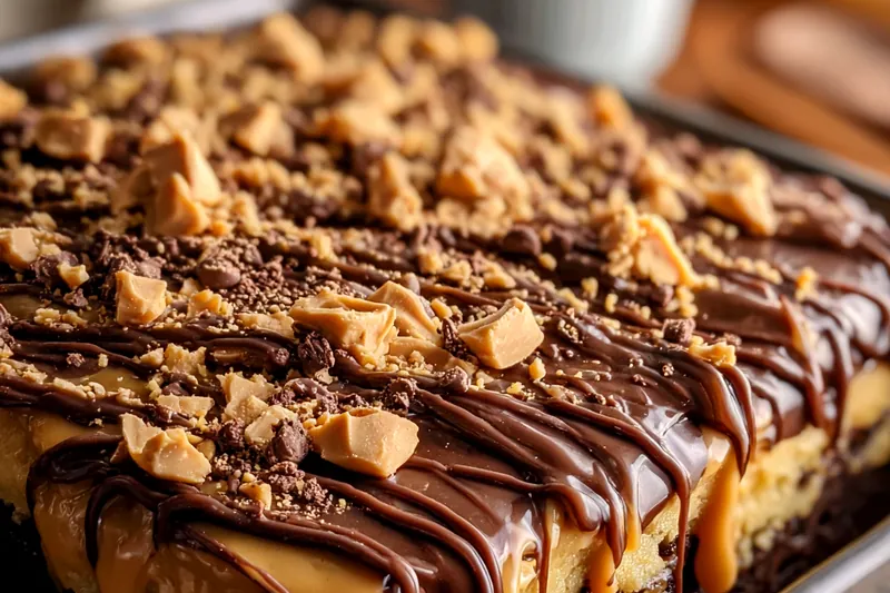 Process shots showing poking holes in warm chocolate cake and pouring golden peanut butter filling over the top, demonstrating how the filling seeps into the holes
