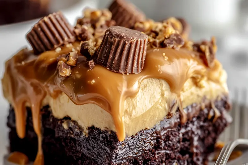 Ingredients for chocolate peanut butter poke cake including devil's food cake mix, peanut butter, cream cheese, chocolate, and peanut butter cups arranged on a marble counter