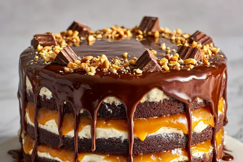 Chocolate Snickers cake being assembled, showing the peanut butter filling being spread on the first layer with caramel sauce drizzled over chopped Snickers