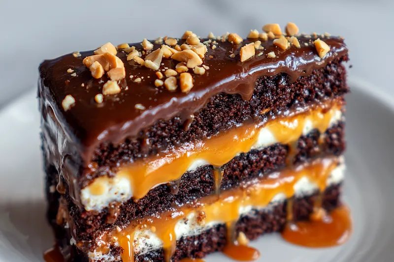 Baking ingredients for Snickers cake including flour, cocoa powder, eggs, butter, peanut butter, caramel sauce, chocolate chips, and chopped Snickers bars arranged on marble surface