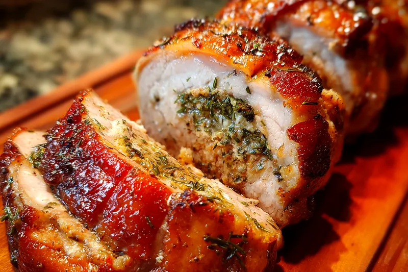 Pork roast cooking in the oven with aromatic herbs.