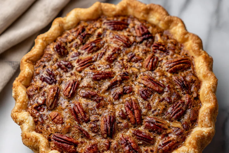 Baking cinnamon pecan pie in the oven, with a golden-brown crust.