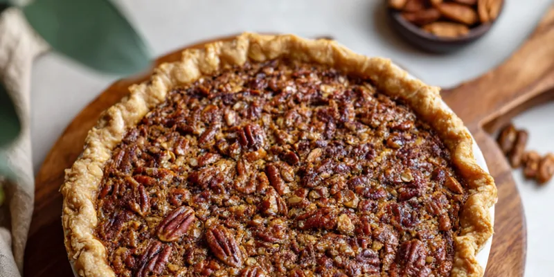 A beautifully baked cinnamon pecan pie, glistening with syrup and topped with toasted pecans.