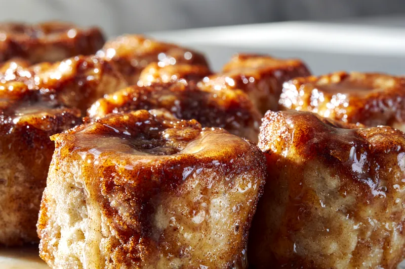 Cinnamon Roll French Toast Bites baking in the oven, golden brown and rising beautifully.