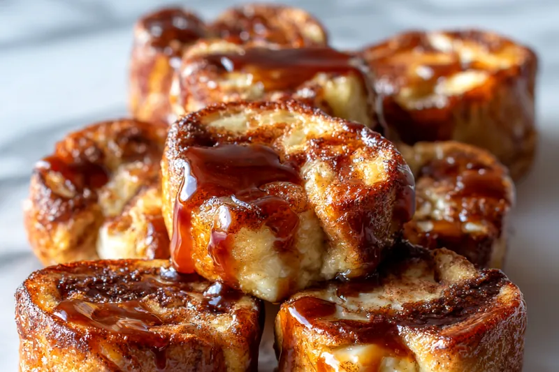 Ingredients for Cinnamon Roll French Toast Bites, including cinnamon rolls, eggs, milk, and spices.