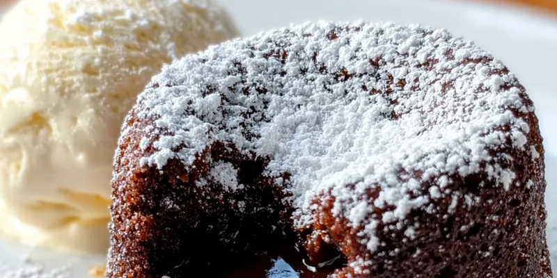 Individual chocolate lava cake with molten center flowing out, dusted with powdered sugar and garnished with fresh raspberries on a white plate