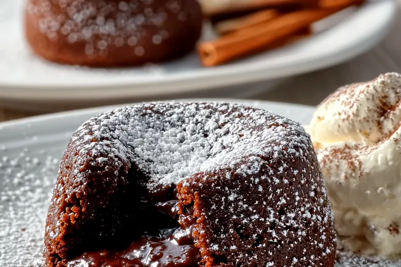 Ingredients for chocolate lava cakes including dark chocolate chunks, butter, eggs, cinnamon, and cocoa powder arranged on a marble surface