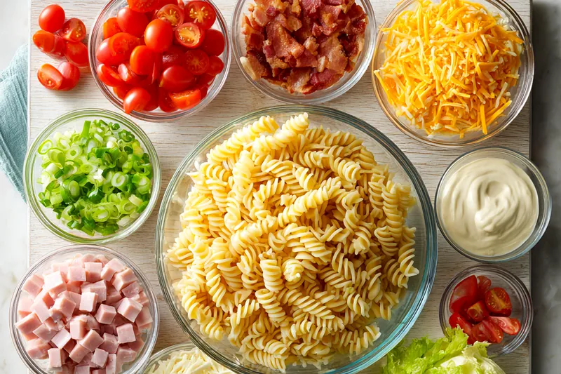 Overhead view of all ingredients for club sandwich pasta salad arranged in bowls: cooked rotini pasta, diced ham, crispy bacon, cherry tomatoes, shredded lettuce, cheddar cheese, green onions, and dressing ingredients on a white marble surface