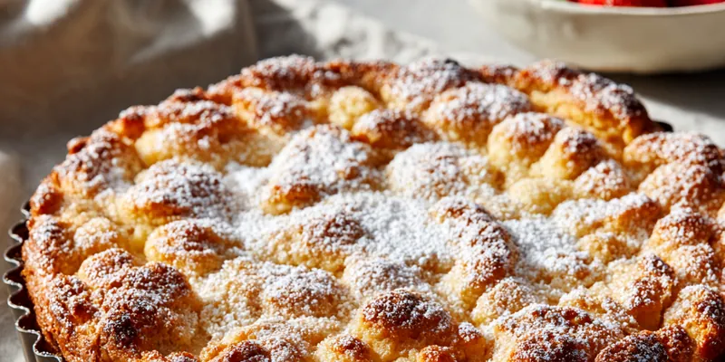 Golden French butter cake in a fluted tart pan with cobblestone texture, dusted with powdered sugar, fresh strawberries visible in background