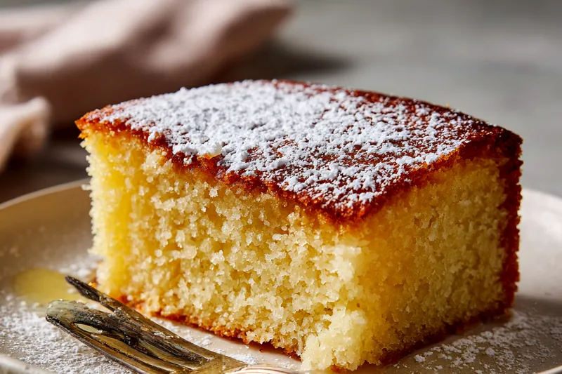 Flat lay of French butter cake ingredients on marble surface: cubed butter, sugar, eggs, flour, milk, vanilla, and baking powder in white bowls with empty tart pan