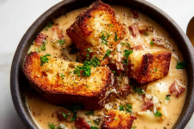 Close-up action shot of wooden spoon stirring deeply caramelized golden-brown onions in a stainless steel pot, with wisps of steam rising and rich, glossy onions clinging to the spoon