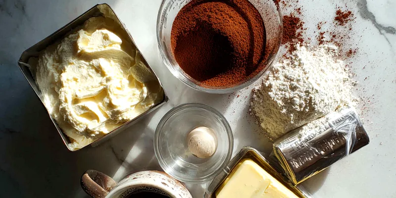 Slice of classic Italian tiramisu on a white plate showing distinct layers of coffee-soaked ladyfingers and mascarpone cream, dusted with cocoa powder, with the full tiramisu dish visible in the background on a marble surface