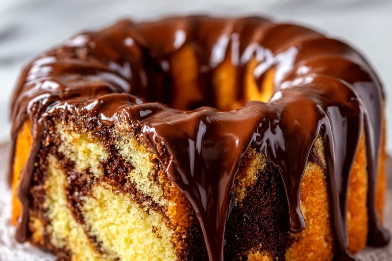 Marble cake batter being swirled with a knife showing the technique for creating the signature chocolate and vanilla pattern