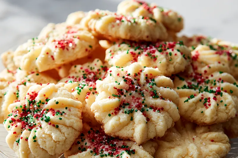 Step-by-step process showing cookie press being filled with buttery dough, pressing festive star and tree shapes onto a silver baking sheet, and decorated cookies ready for the oven with red and green sprinkles