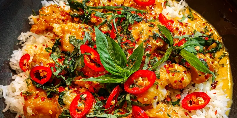 Delicious Coconut Basil Chicken Rice served on a plate