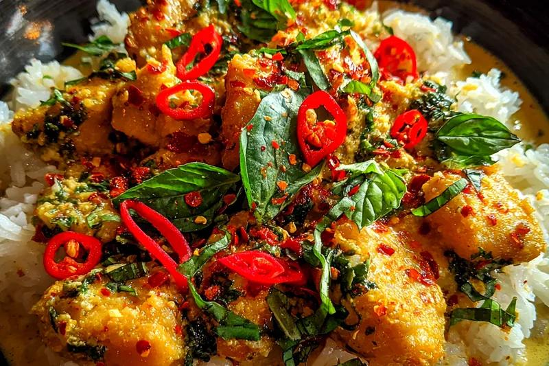 Fresh ingredients for Coconut Basil Chicken Rice