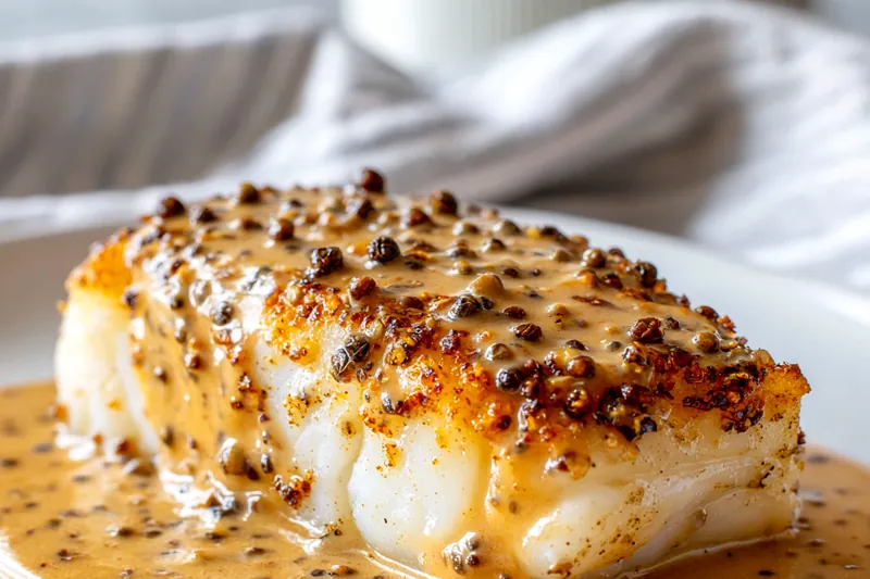 Cooking cod in a skillet with creamy sauce