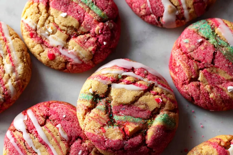 Baking colorful candy cane cookies in the oven, with a warm golden hue and vibrant colors.