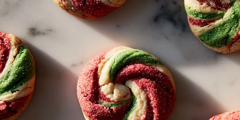 A plate of colorful candy cane cookies arranged beautifully with festive decorations in the background.