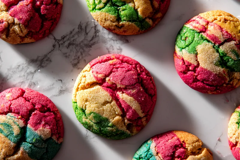 Ingredients for colorful candy cane cookies displayed on a countertop, including butter, flour, and vibrant food coloring.