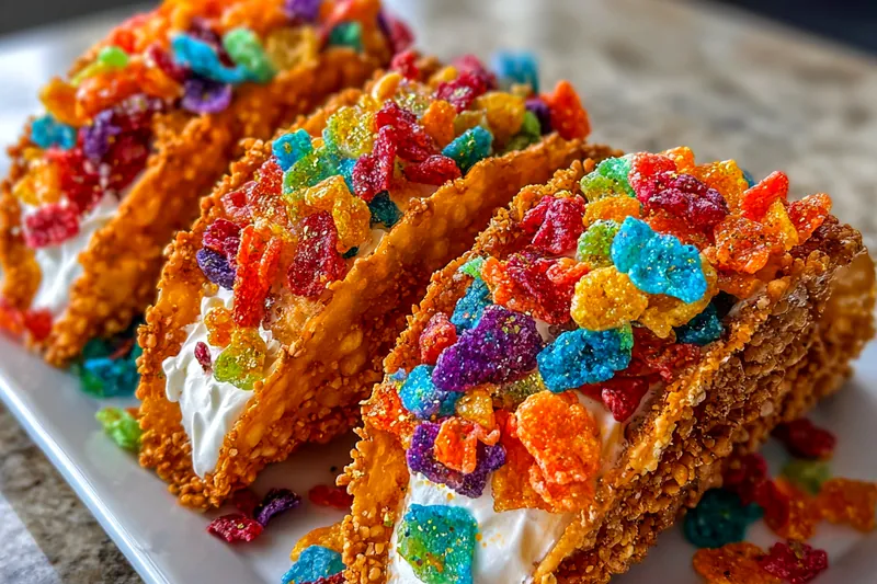 Fresh ingredients for Colorful Cereal Dessert Tacos