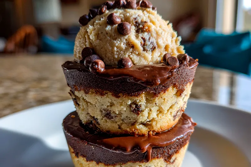 The process of preparing Decadent Cookie Dough Cups, featuring melted chocolate and cookie dough being mixed.