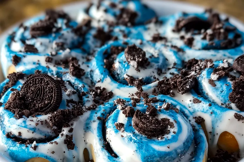 Baking ingredients for Cookie Monster cinnamon rolls including flour, chocolate chips, butter, cinnamon, and blue food coloring arranged on counter