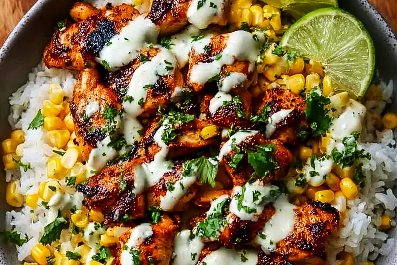 Seasoned chicken pieces cooking in a skillet with colorful corn and bell peppers, showing the golden-brown searing process