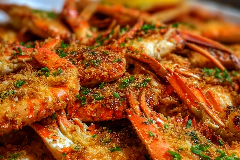 Golden crab crunchies frying in hot oil, showing the perfect bubbling action and crispy coating formation