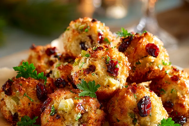 Close-up of a golden-brown stuffing ball cut in half showing the moist interior with visible cranberries, herbs, and turkey pieces, served on a white plate