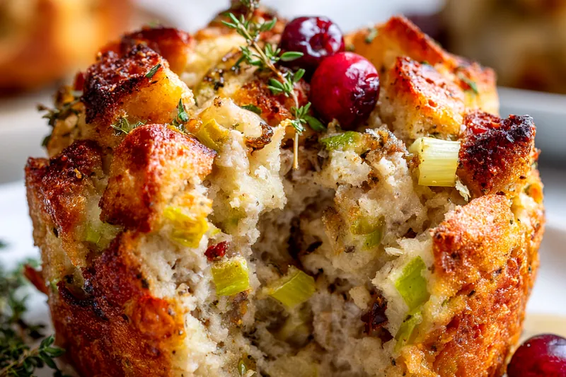 Overhead view of stuffing ball ingredients neatly arranged in bowls including cubed bread, ground turkey, cranberries, fresh herbs, diced vegetables, and liquid ingredients