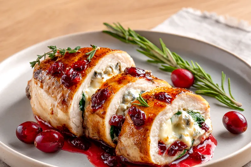 Overhead view of all ingredients for cranberry brie stuffed chicken arranged on marble surface: butterflied chicken breasts, brie cheese wedge, fresh cranberries, spinach, panko breadcrumbs, fresh herbs, and seasonings in small bowls