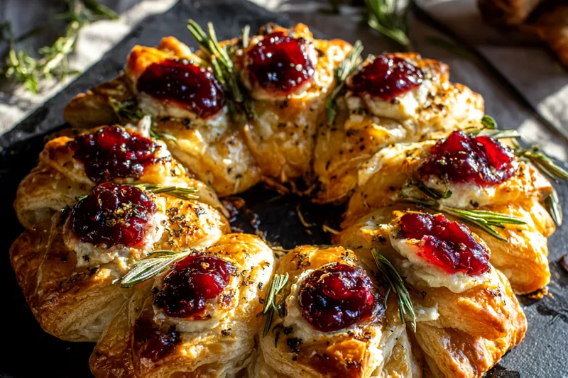 Close-up of individual serving of puff pastry wreath showing layers of golden pastry, turkey filling, melted brie, and cranberry sauce on white plate