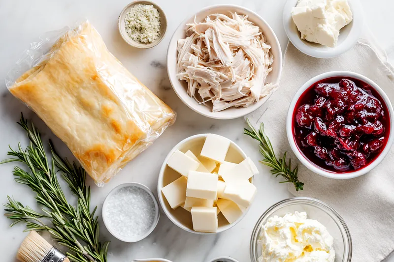 Overhead view of ingredients arranged on white surface including puff pastry sheets, bowls of shredded turkey, cubed brie cheese, cranberry sauce, fresh rosemary, and seasonings