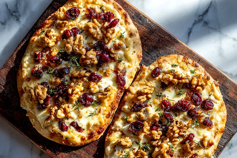 Fresh ingredients for cranberry brie flatbread including whole brie wheel, fresh cranberries, walnuts, herbs, and flatbread arranged on marble surface