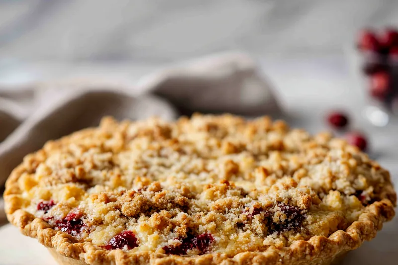 Ingredients for Cranberry Cream Cheese Crumb Pie displayed on a wooden table