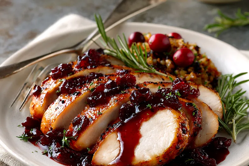 Overhead flat lay of ingredients for Cranberry Orange Glazed Turkey Breast including raw turkey breast on white cutting board, bowls of fresh cranberries, orange juice, honey, spices, fresh oranges, and rosemary arranged on white marble surface