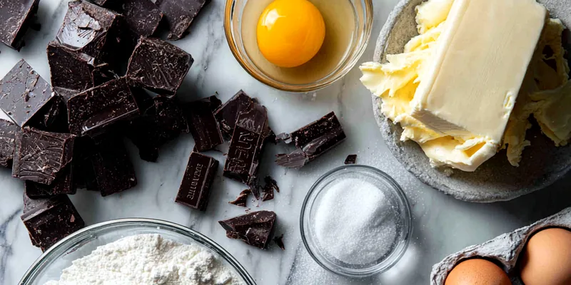 Stack of rich chocolate brownies with cream cheese swirl layer and chocolate frosting on gold baking pan