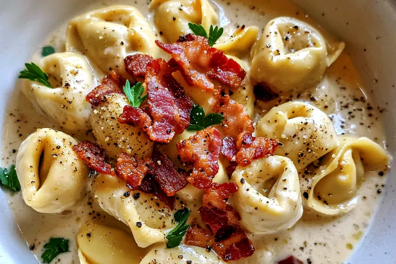 Chef Mitchell stirring the creamy sauce with tortellini and crispy bacon in a skillet.
