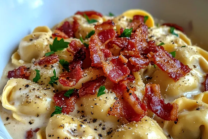 Ingredients for Creamy Bacon Tortellini Delight laid out, including tortellini, bacon, cream, and cheese.