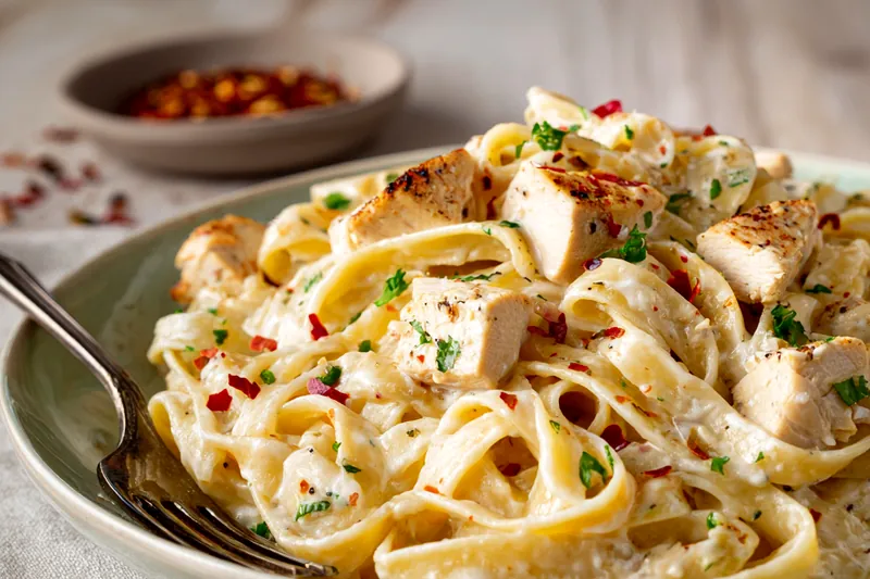 Creamy cheese sauce being stirred in a saucepan, showing the smooth, velvety texture before adding noodles