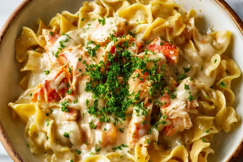 Ingredients for creamy cafeteria noodles including egg noodles, butter, cream, cheeses, and seasonings arranged on a kitchen counter