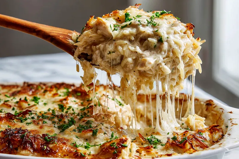 Close-up action shot of creamy alfredo sauce being stirred in stainless steel pan with wooden spoon, showing smooth white sauce coating the spoon with steam rising from the pan
